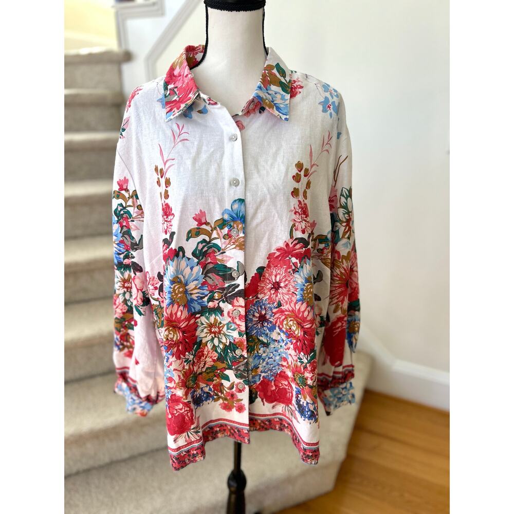NWT Cynthia Rowley White & Red Floral Print Linen Blend Button Down